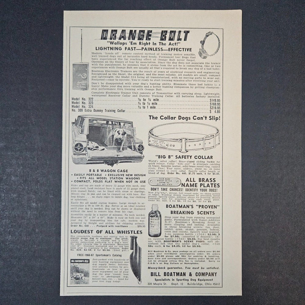 1966 Bill Boatman Orange Bolt Dog Training Collar Vintage Print Ad Bainbridge OH